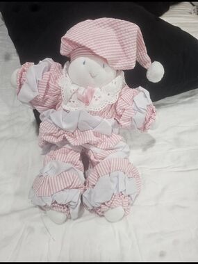 Pink And White Soft Rag Doll Plush With Hat 14 Inches